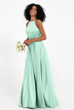 Simple Satin Halter Bridesmaid Dress Sleeveless Ruched Formal Evening Dresses Gowns