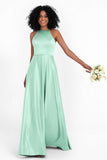 Simple Satin Halter Bridesmaid Dress Sleeveless Ruched Formal Evening Dresses Gowns