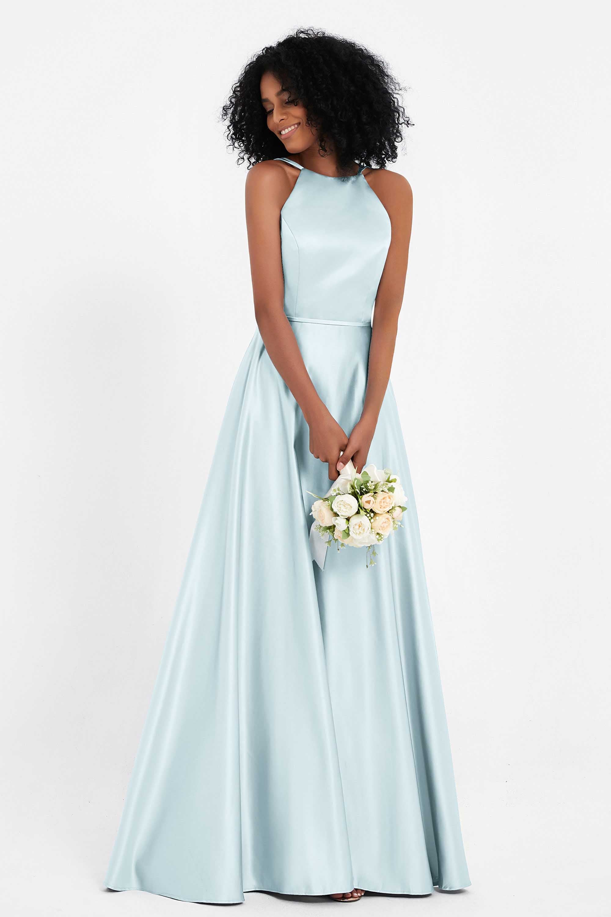 Simple Satin Halter Bridesmaid Dress Sleeveless Ruched Formal Evening Dresses Gowns