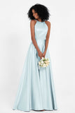 Simple Satin Halter Bridesmaid Dress Sleeveless Ruched Formal Evening Dresses Gowns