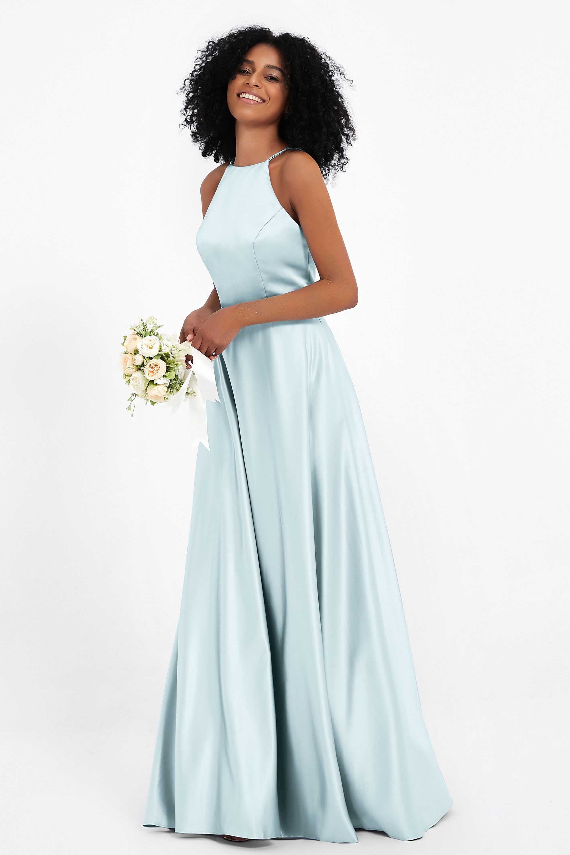 Simple Satin Halter Bridesmaid Dress Sleeveless Ruched Formal Evening Dresses Gowns