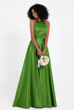 Simple Satin Halter Bridesmaid Dress Sleeveless Ruched Formal Evening Dresses Gowns