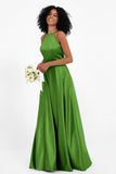 Simple Satin Halter Bridesmaid Dress Sleeveless Ruched Formal Evening Dresses Gowns