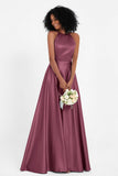 Simple Satin Halter Bridesmaid Dress Sleeveless Ruched Formal Evening Dresses Gowns