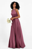Simple Satin Halter Bridesmaid Dress Sleeveless Ruched Formal Evening Dresses Gowns