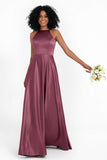 Simple Satin Halter Bridesmaid Dress Sleeveless Ruched Formal Evening Dresses Gowns
