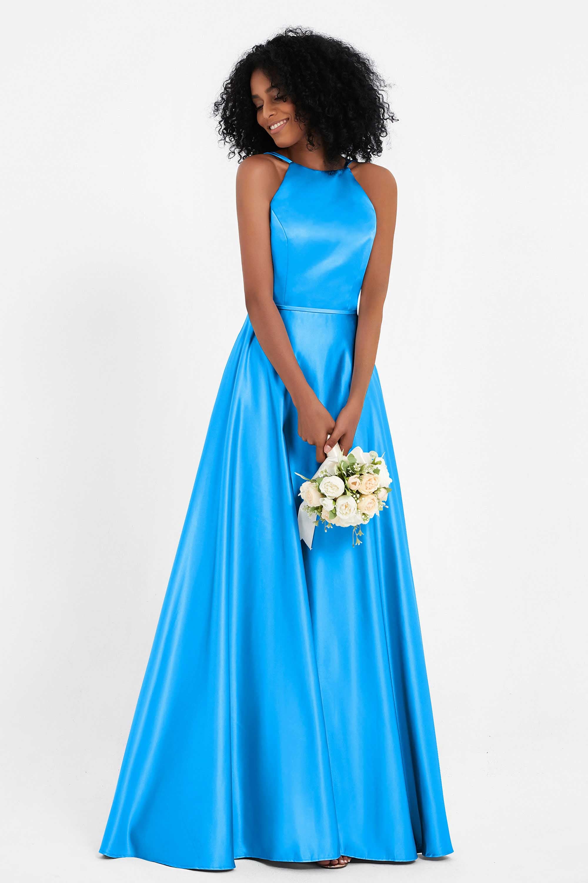 Simple Satin Halter Bridesmaid Dress Sleeveless Ruched Formal Evening Dresses Gowns