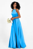 Simple Satin Halter Bridesmaid Dress Sleeveless Ruched Formal Evening Dresses Gowns