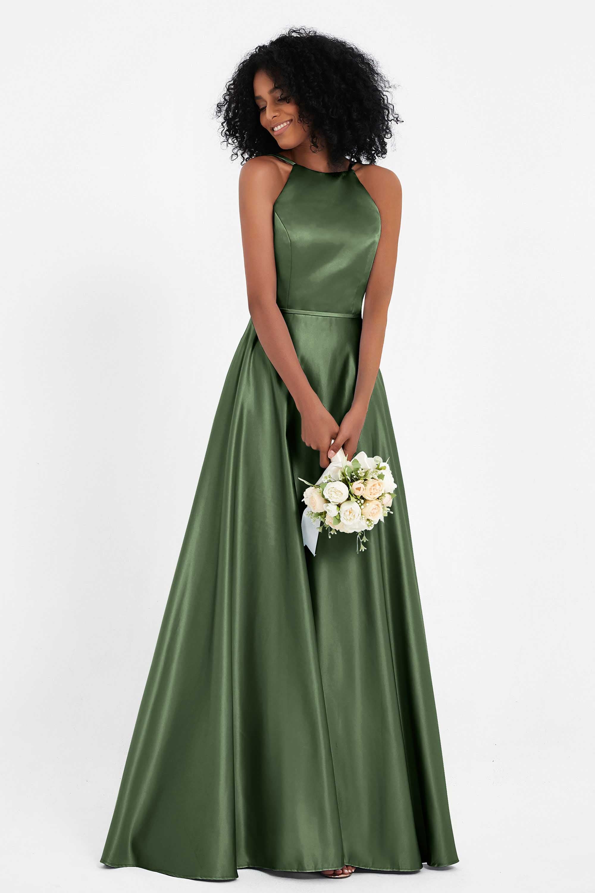 Simple Satin Halter Bridesmaid Dress Sleeveless Ruched Formal Evening Dresses Gowns