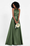 Simple Satin Halter Bridesmaid Dress Sleeveless Ruched Formal Evening Dresses Gowns