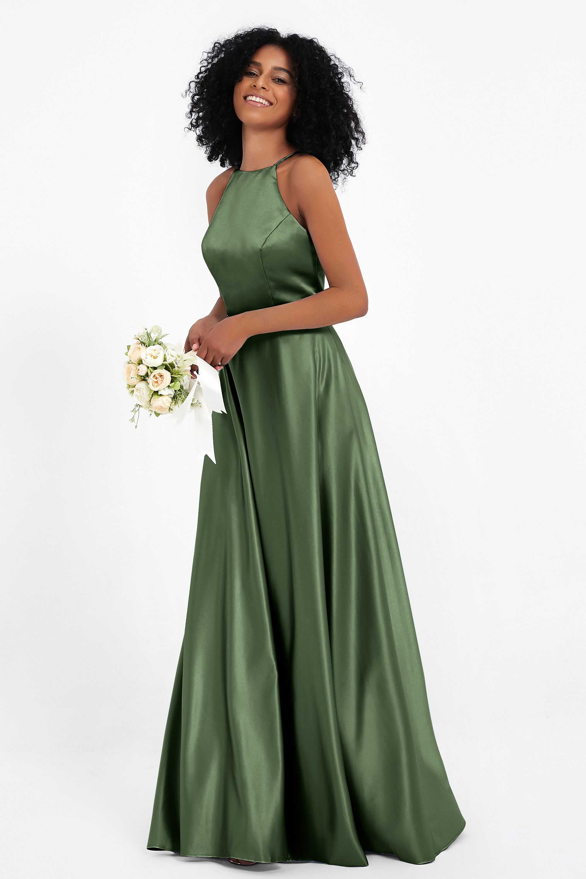 Simple Satin Halter Bridesmaid Dress Sleeveless Ruched Formal Evening Dresses Gowns