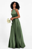 Simple Satin Halter Bridesmaid Dress Sleeveless Ruched Formal Evening Dresses Gowns