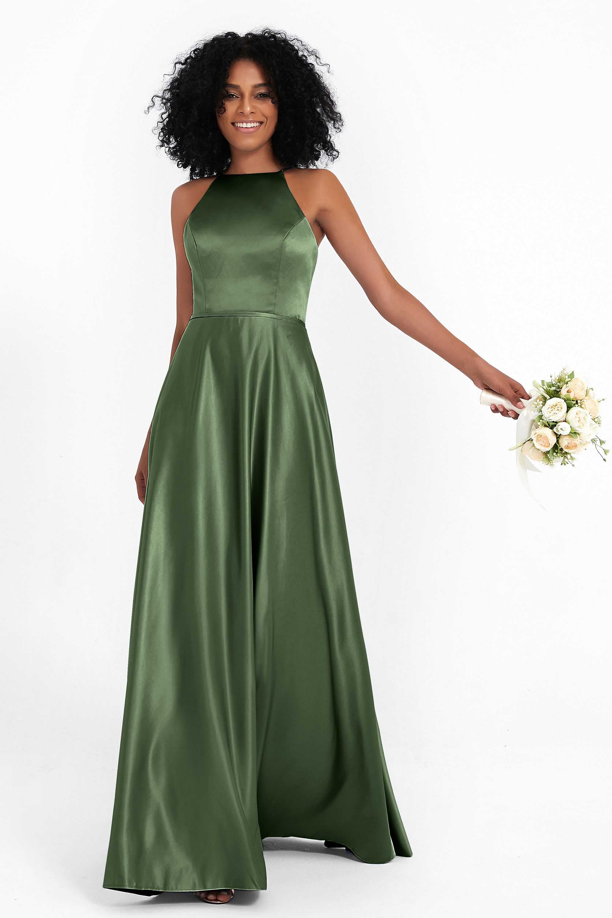Simple Satin Halter Bridesmaid Dress Sleeveless Ruched Formal Evening Dresses Gowns