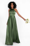 Simple Satin Halter Bridesmaid Dress Sleeveless Ruched Formal Evening Dresses Gowns