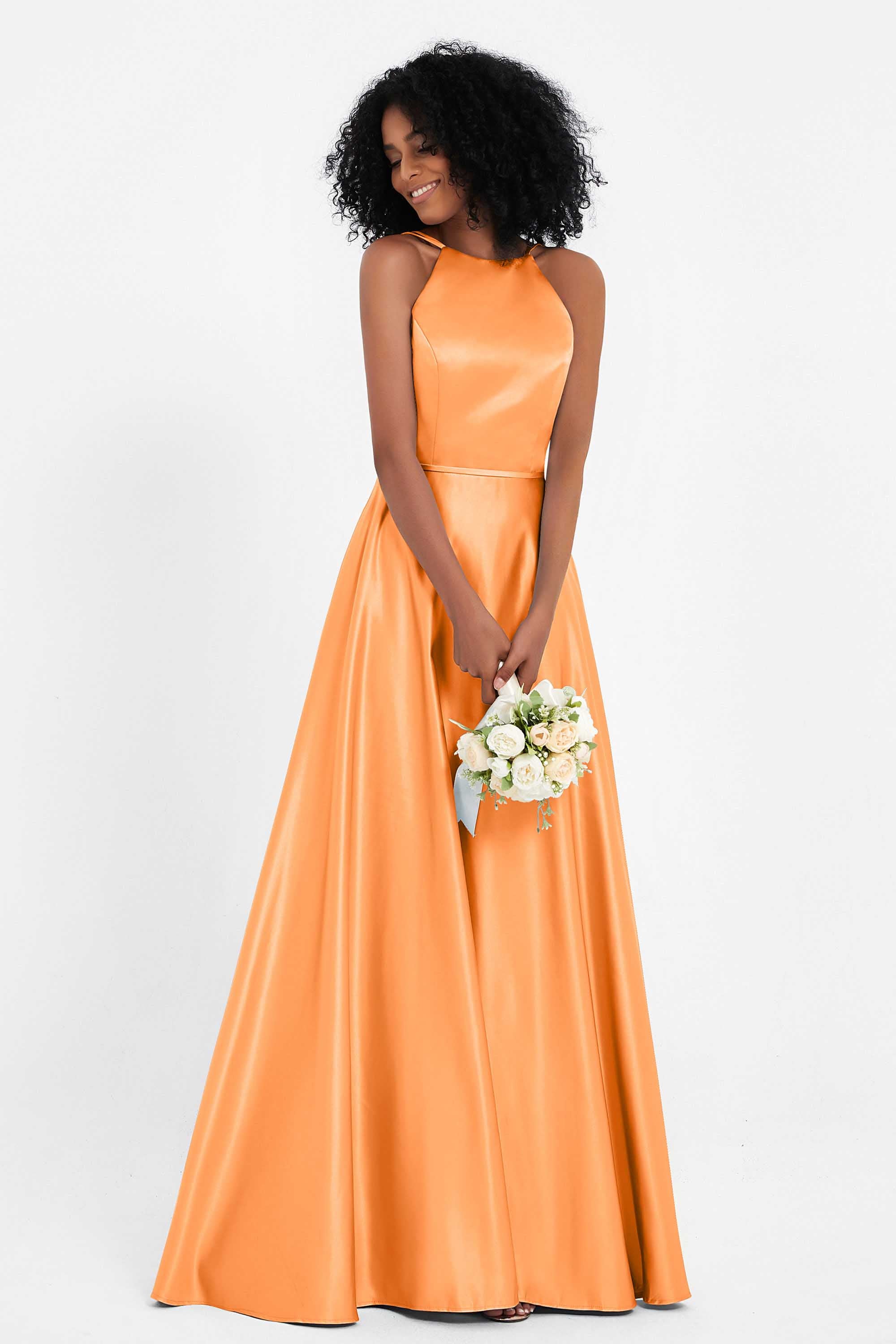 Simple Satin Halter Bridesmaid Dress Sleeveless Ruched Formal Evening Dresses Gowns