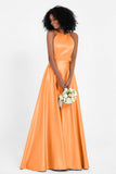 Simple Satin Halter Bridesmaid Dress Sleeveless Ruched Formal Evening Dresses Gowns