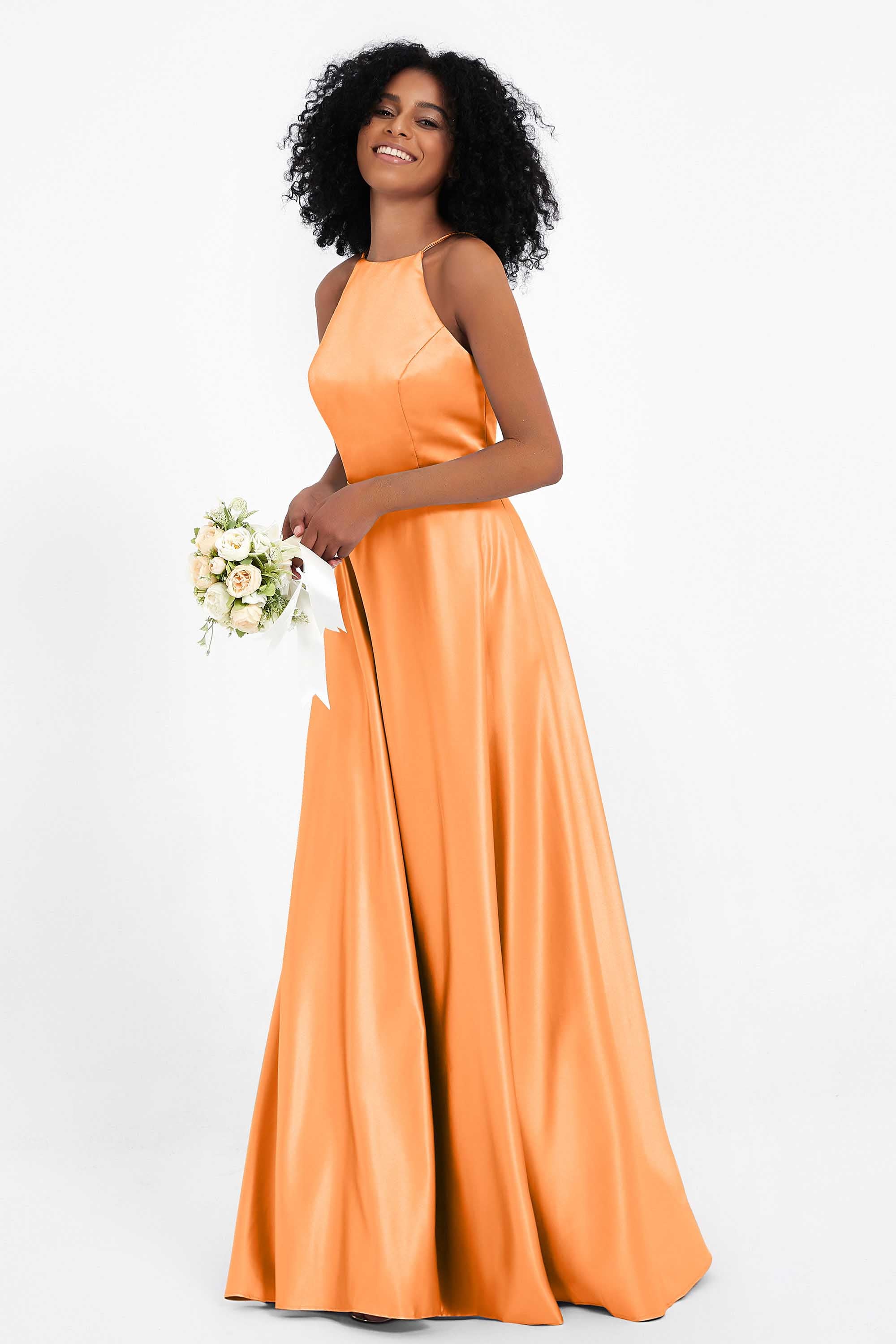 Simple Satin Halter Bridesmaid Dress Sleeveless Ruched Formal Evening Dresses Gowns