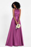 Simple Satin Halter Bridesmaid Dress Sleeveless Ruched Formal Evening Dresses Gowns