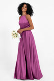 Simple Satin Halter Bridesmaid Dress Sleeveless Ruched Formal Evening Dresses Gowns