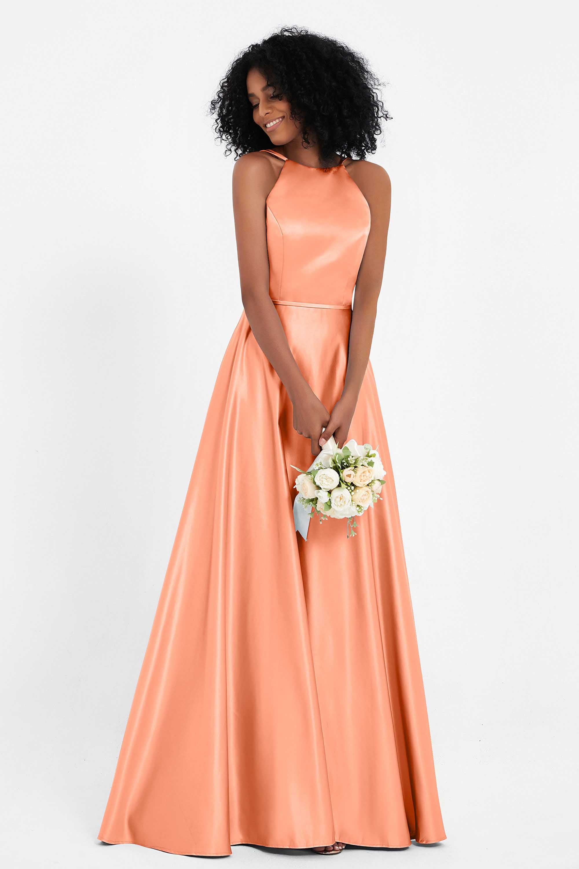 Simple Satin Halter Bridesmaid Dress Sleeveless Ruched Formal Evening Dresses Gowns
