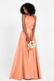 Simple Satin Halter Bridesmaid Dress Sleeveless Ruched Formal Evening Dresses Gowns