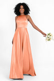 Simple Satin Halter Bridesmaid Dress Sleeveless Ruched Formal Evening Dresses Gowns