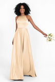 Simple Satin Halter Bridesmaid Dress Sleeveless Ruched Formal Evening Dresses Gowns
