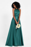Simple Satin Halter Bridesmaid Dress Sleeveless Ruched Formal Evening Dresses Gowns