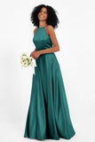 Simple Satin Halter Bridesmaid Dress Sleeveless Ruched Formal Evening Dresses Gowns