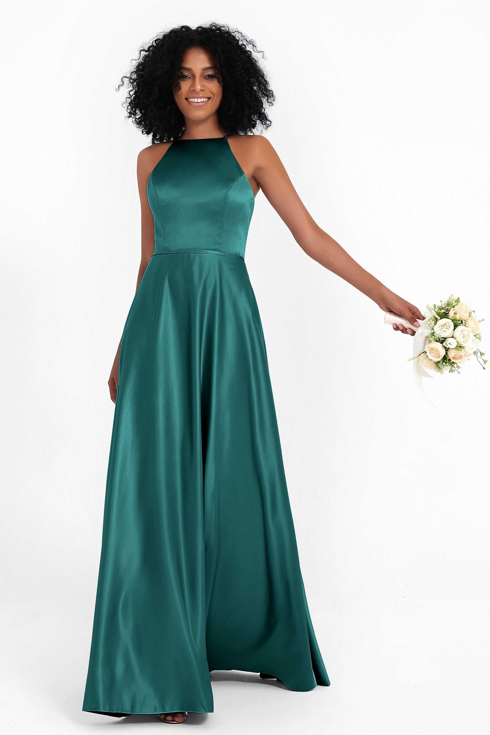 Simple Satin Halter Bridesmaid Dress Sleeveless Ruched Formal Evening Dresses Gowns