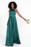 Simple Satin Halter Bridesmaid Dress Sleeveless Ruched Formal Evening Dresses Gowns