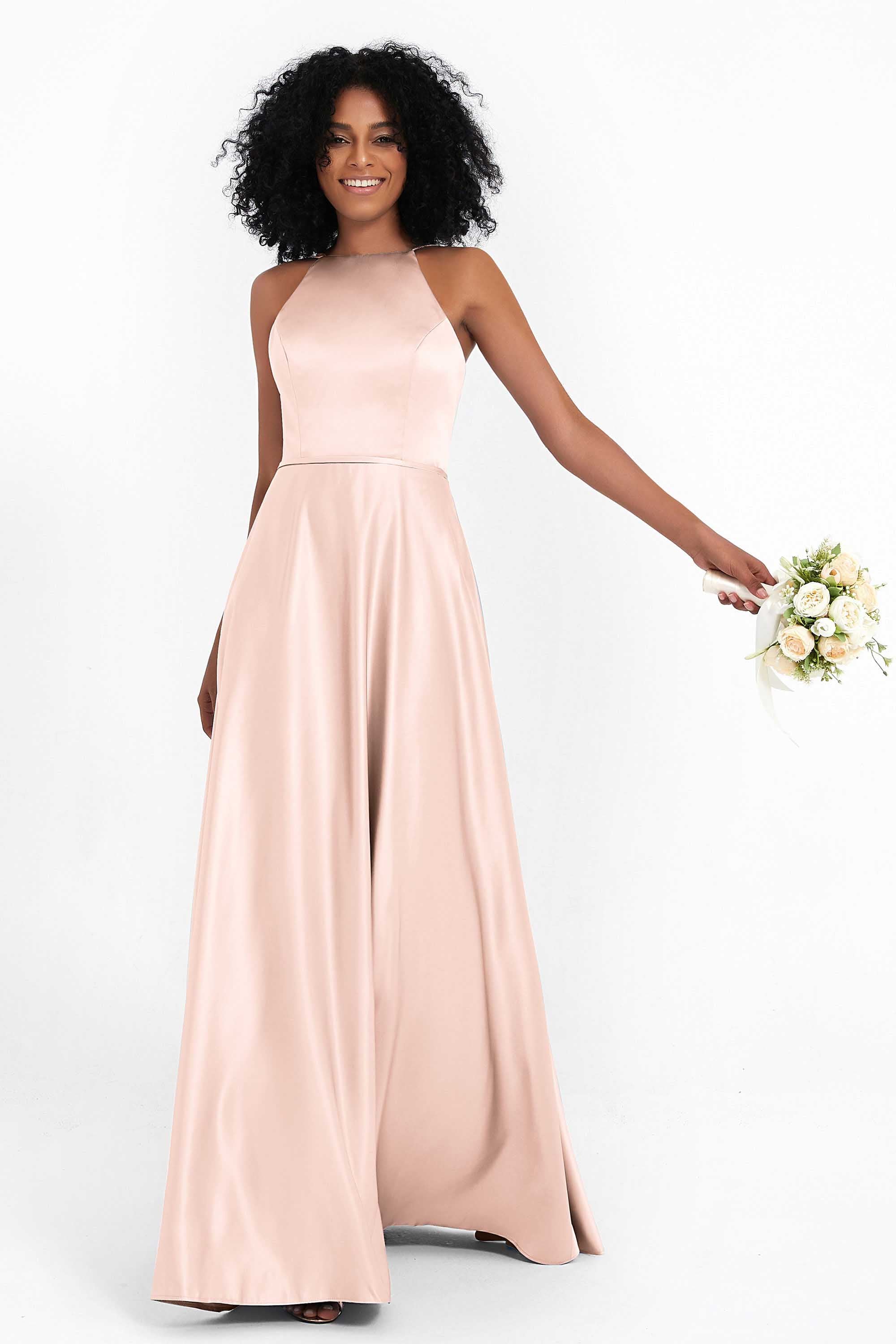 Simple Satin Halter Bridesmaid Dress Sleeveless Ruched Formal Evening Dresses Gowns