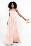 Simple Satin Halter Bridesmaid Dress Sleeveless Ruched Formal Evening Dresses Gowns