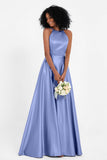 Simple Satin Halter Bridesmaid Dress Sleeveless Ruched Formal Evening Dresses Gowns