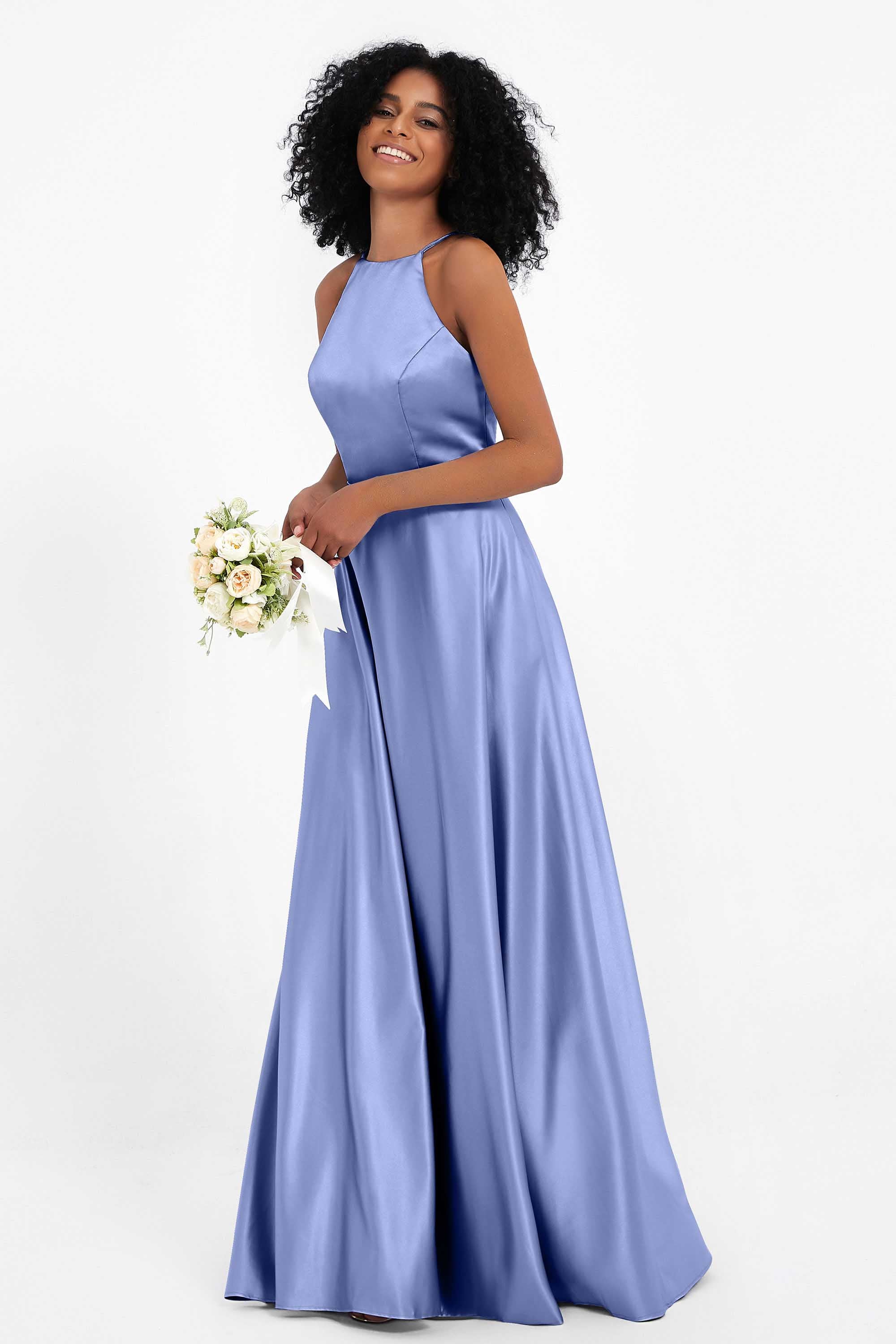 Simple Satin Halter Bridesmaid Dress Sleeveless Ruched Formal Evening Dresses Gowns