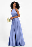 Simple Satin Halter Bridesmaid Dress Sleeveless Ruched Formal Evening Dresses Gowns
