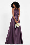 Simple Satin Halter Bridesmaid Dress Sleeveless Ruched Formal Evening Dresses Gowns