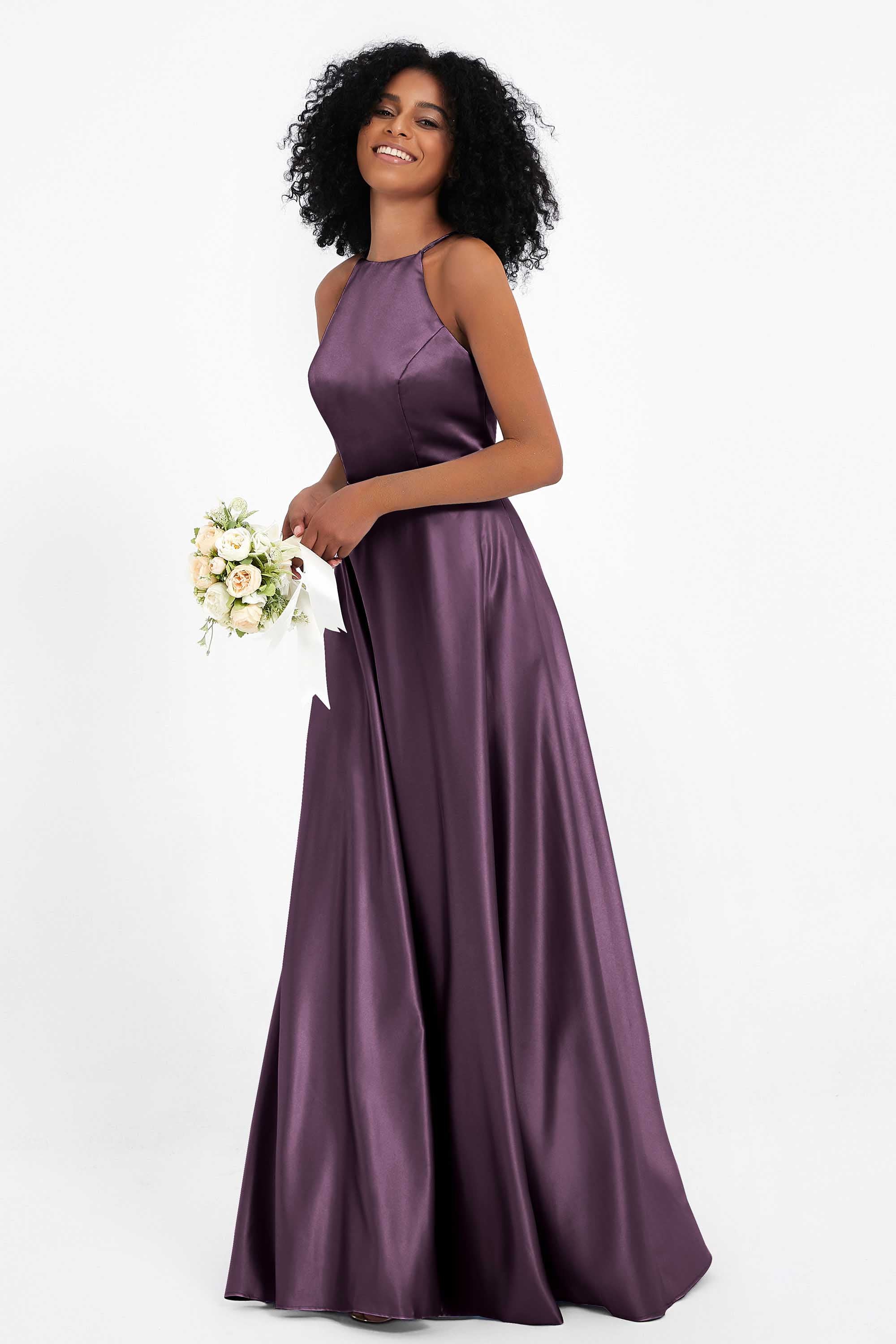 Simple Satin Halter Bridesmaid Dress Sleeveless Ruched Formal Evening Dresses Gowns