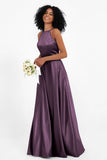 Simple Satin Halter Bridesmaid Dress Sleeveless Ruched Formal Evening Dresses Gowns