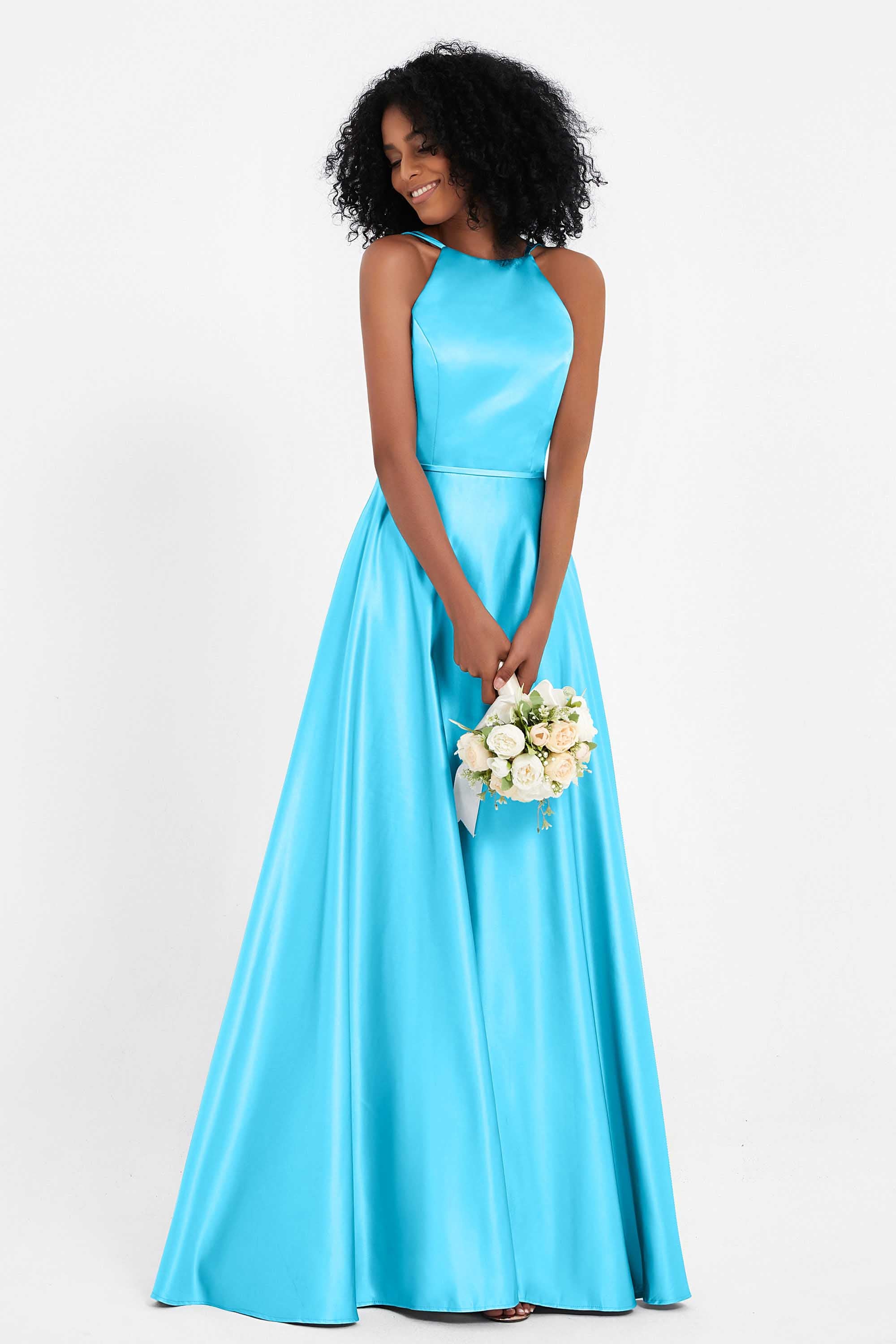 Simple Satin Halter Bridesmaid Dress Sleeveless Ruched Formal Evening Dresses Gowns