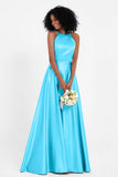 Simple Satin Halter Bridesmaid Dress Sleeveless Ruched Formal Evening Dresses Gowns