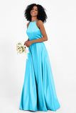 Simple Satin Halter Bridesmaid Dress Sleeveless Ruched Formal Evening Dresses Gowns