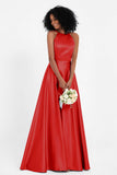 Simple Satin Halter Bridesmaid Dress Sleeveless Ruched Formal Evening Dresses Gowns