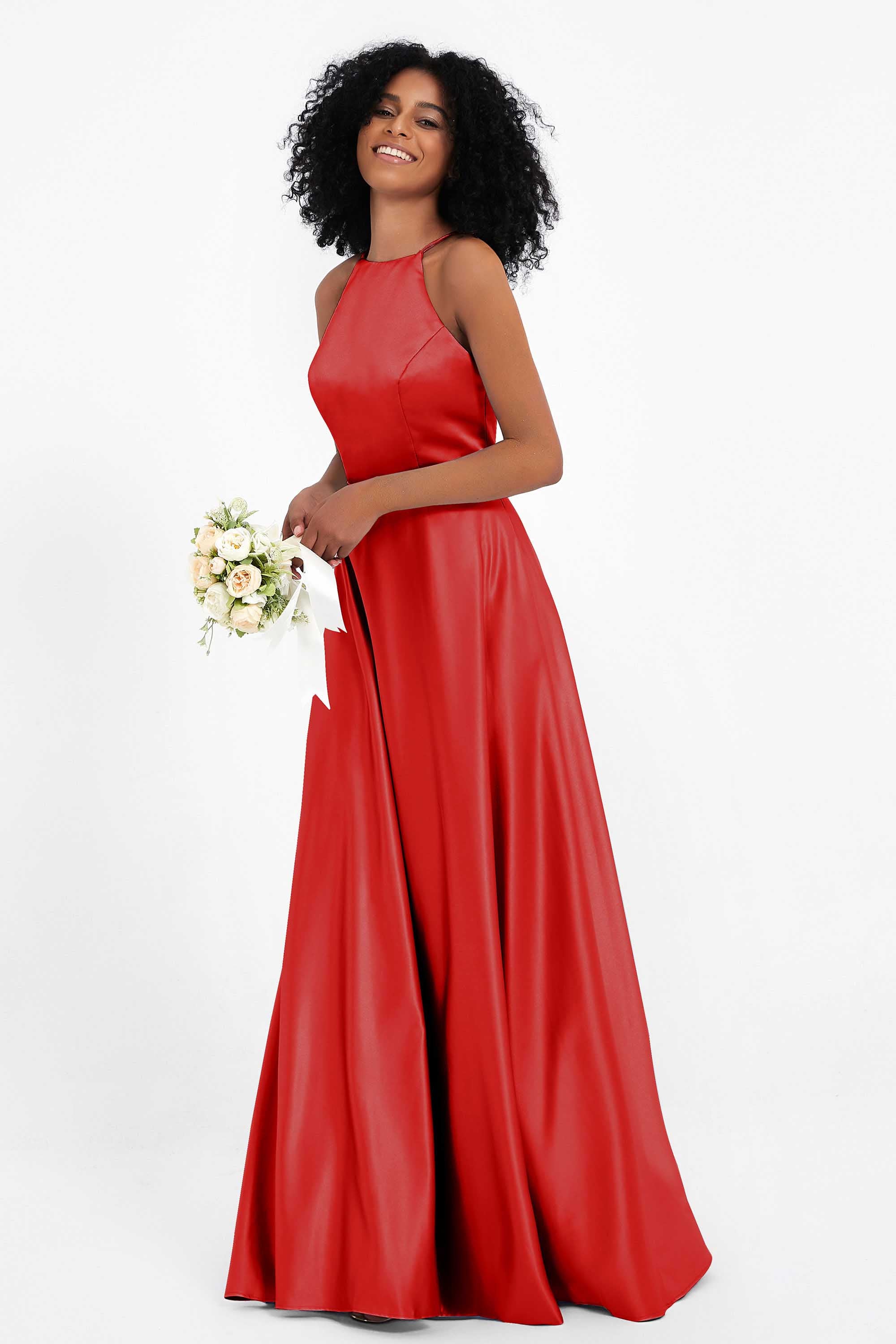 Simple Satin Halter Bridesmaid Dress Sleeveless Ruched Formal Evening Dresses Gowns