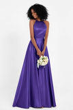 Simple Satin Halter Bridesmaid Dress Sleeveless Ruched Formal Evening Dresses Gowns