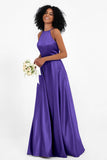 Simple Satin Halter Bridesmaid Dress Sleeveless Ruched Formal Evening Dresses Gowns