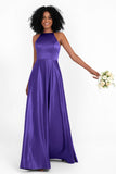 Simple Satin Halter Bridesmaid Dress Sleeveless Ruched Formal Evening Dresses Gowns