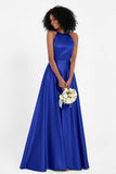 Simple Satin Halter Bridesmaid Dress Sleeveless Ruched Formal Evening Dresses Gowns