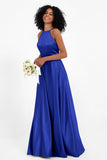 Simple Satin Halter Bridesmaid Dress Sleeveless Ruched Formal Evening Dresses Gowns