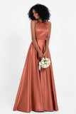 Simple Satin Halter Bridesmaid Dress Sleeveless Ruched Formal Evening Dresses Gowns